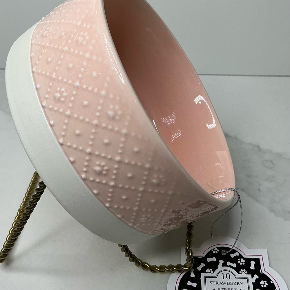 🐾 10 Strawberry Street Pet Bowl Paw Embossed Pink Ceramic New